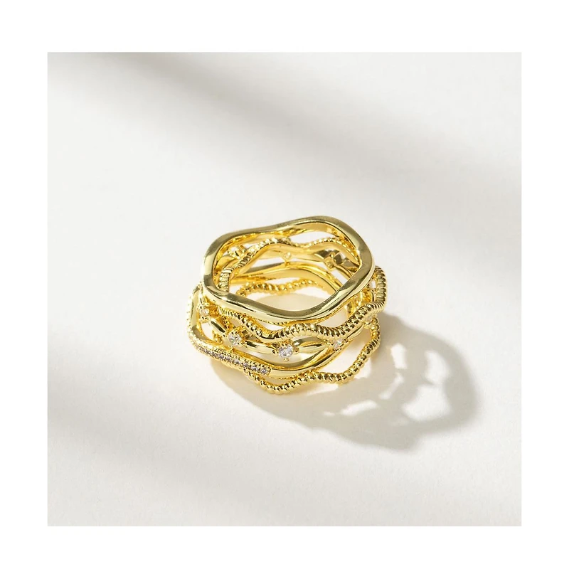 14k Gold-Plated, Cubic Zirconia Vintage 5 Layered Ring Set, Set of
