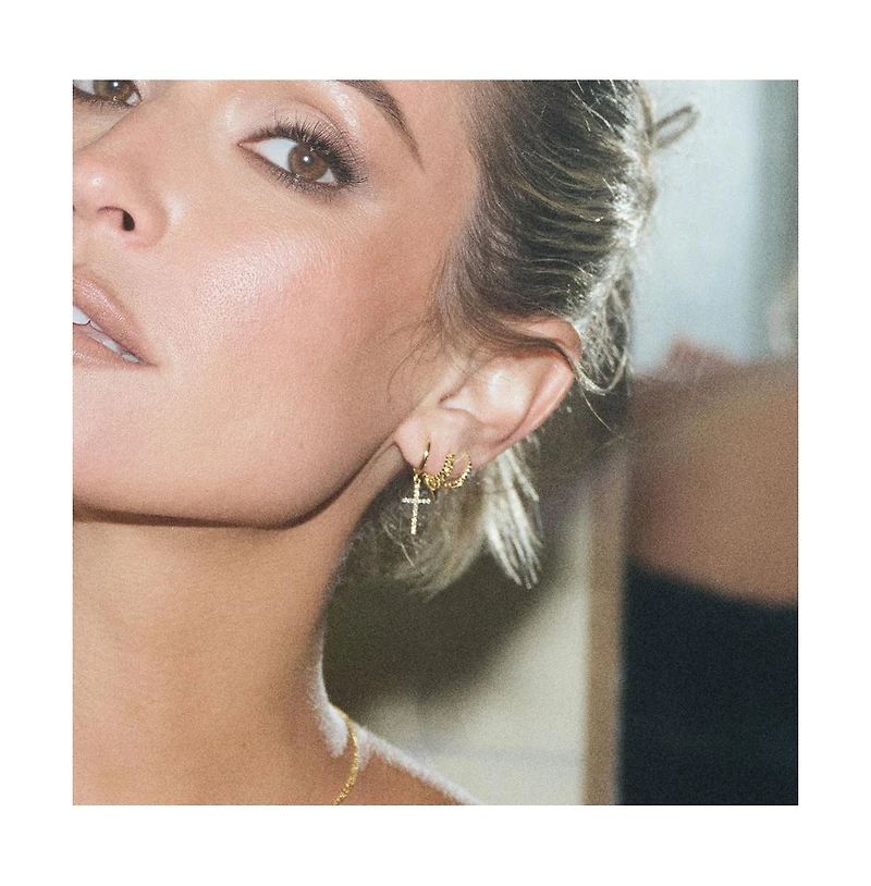 Uncommon James 14K Gold-Plated Pave Cross Huggie Earrings, 0.5"