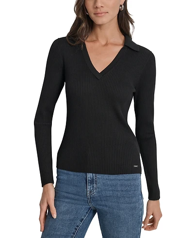 Dkny Jeans Petite Ribbed Johnny-Collar Sweater