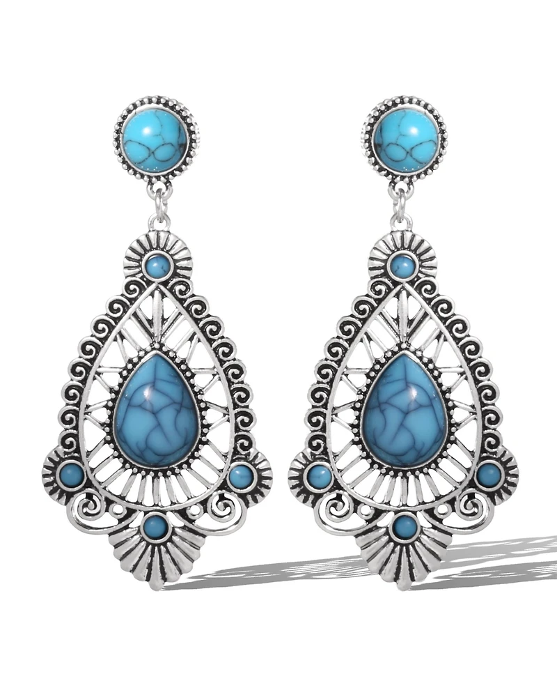 Jessica Simpson Silver-Tone Filigree Teardrop Earrings in Blue