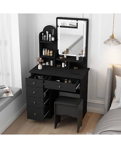 Homsee 5-Drawers Pink Makeup Vanity Sets Dressing Table with Stool, Mirror, Led Light and 3-Tier Storage Shelves