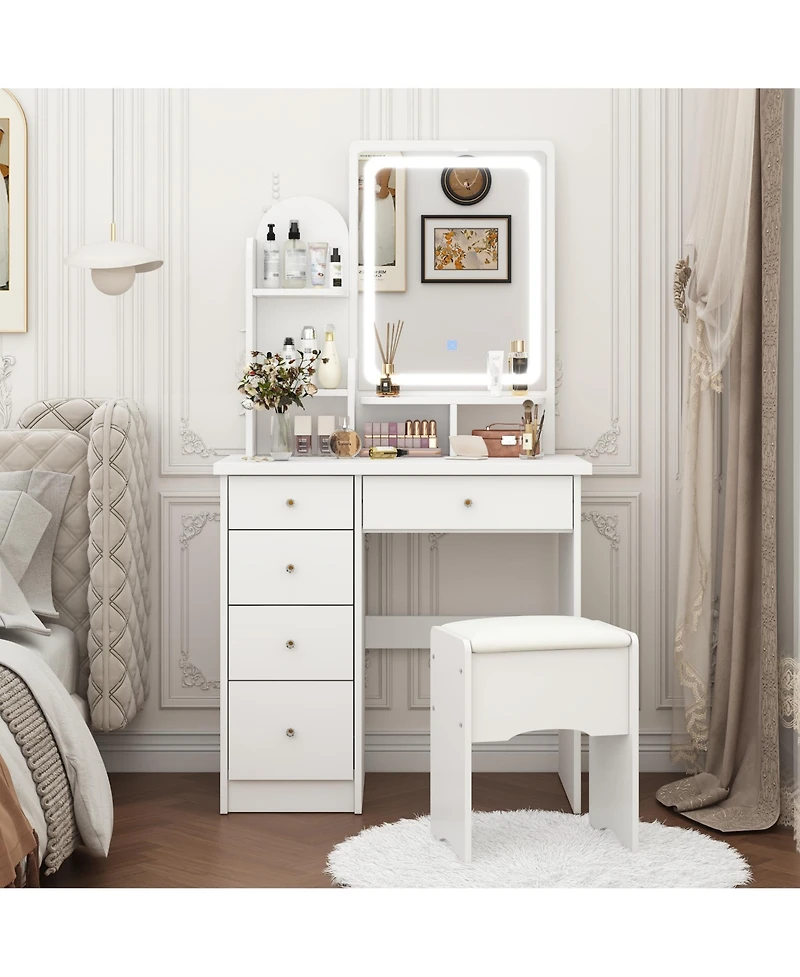 Homsee 5-Drawers Pink Makeup Vanity Sets Dressing Table Sets with Stool, Mirror, Led Light and 3-Tier Storage Shelves