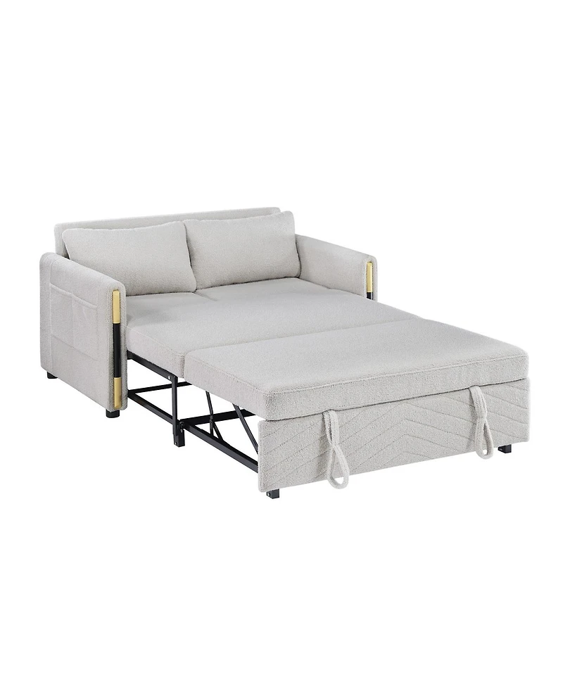 Homlux 55.5"W Beige Teddy Velvet Sleeper Loveseat with Dual-Pull Sleeper Design
