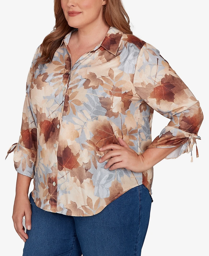 Alfred Dunner Plus Classic Textured Leaf Button Front Top