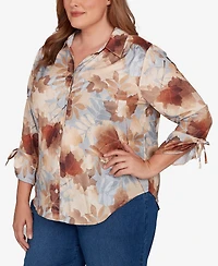 Alfred Dunner Plus Classic Textured Leaf Button Front Top