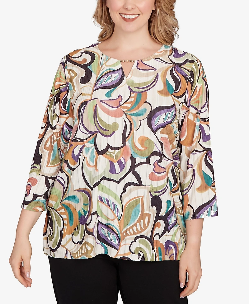 Alfred Dunner Plus Classic Abstract Scroll Split Neck Top