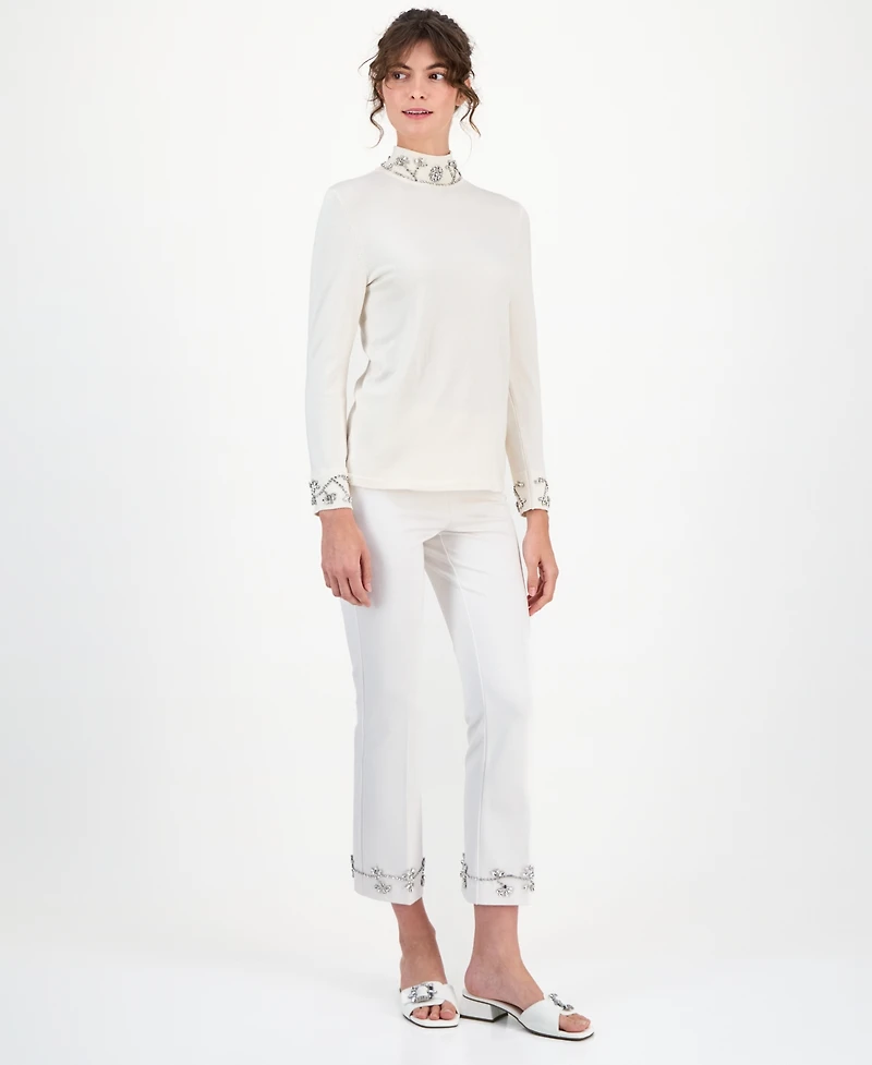 Anne Klein Women's Embellished Rhinestone-Detail Turtleneck Sweater