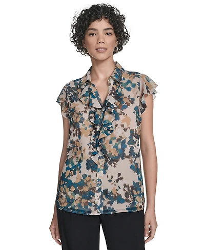 Calvin Klein Women's Printed Flutter-Sleeve Ruffle Blouse