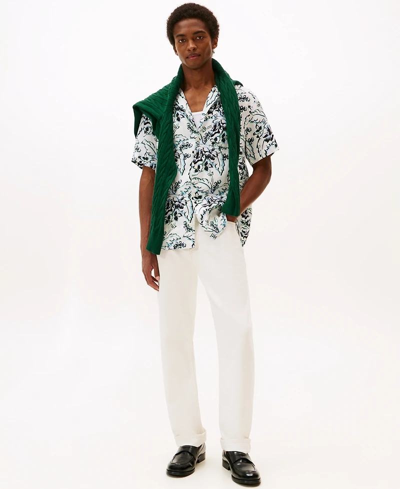 Tommy Hilfiger Men's Patterned Linen Button Up Short Sleeve Shirt