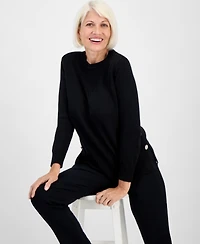 Jones New York Petite Long-Sleeve Side-Button Crewneck Sweater