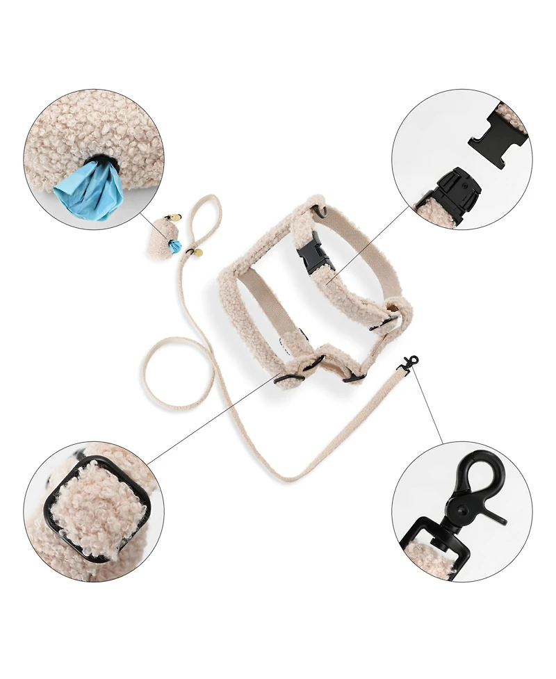 Teddy Boucle Adjustable H Harness Leash Walk Set with Poop Bag Pouch