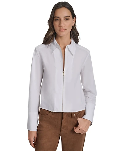 Dkny Jeans Women's Collared Cotton Poplin Zip-Front Shirt