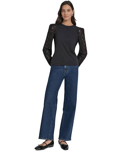 Dkny Jeans Women's Lace Puff-Sleeve Crewneck Top