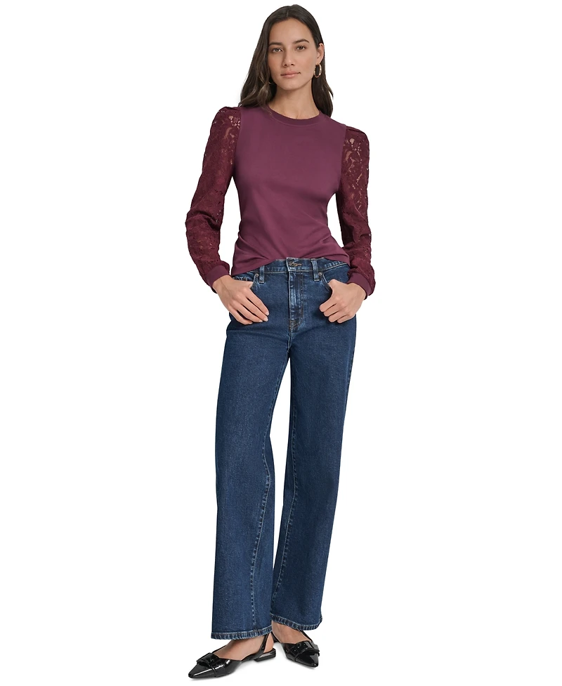 Dkny Jeans Women's Lace Puff-Sleeve Crewneck Top