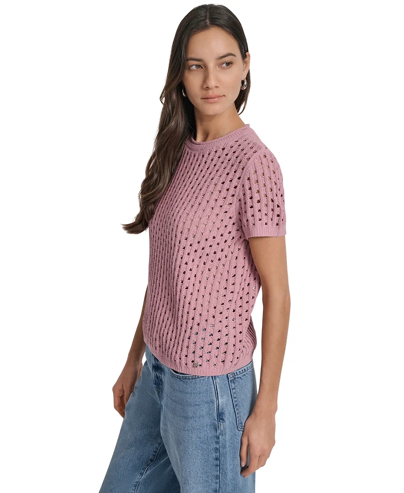 Dkny Jeans Women's Open Stitch Crewneck Short-Sleeve Sweater