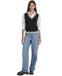 Dkny Jeans Women's Contrast Trim Cotton V-Neck Sleeveless Sweater