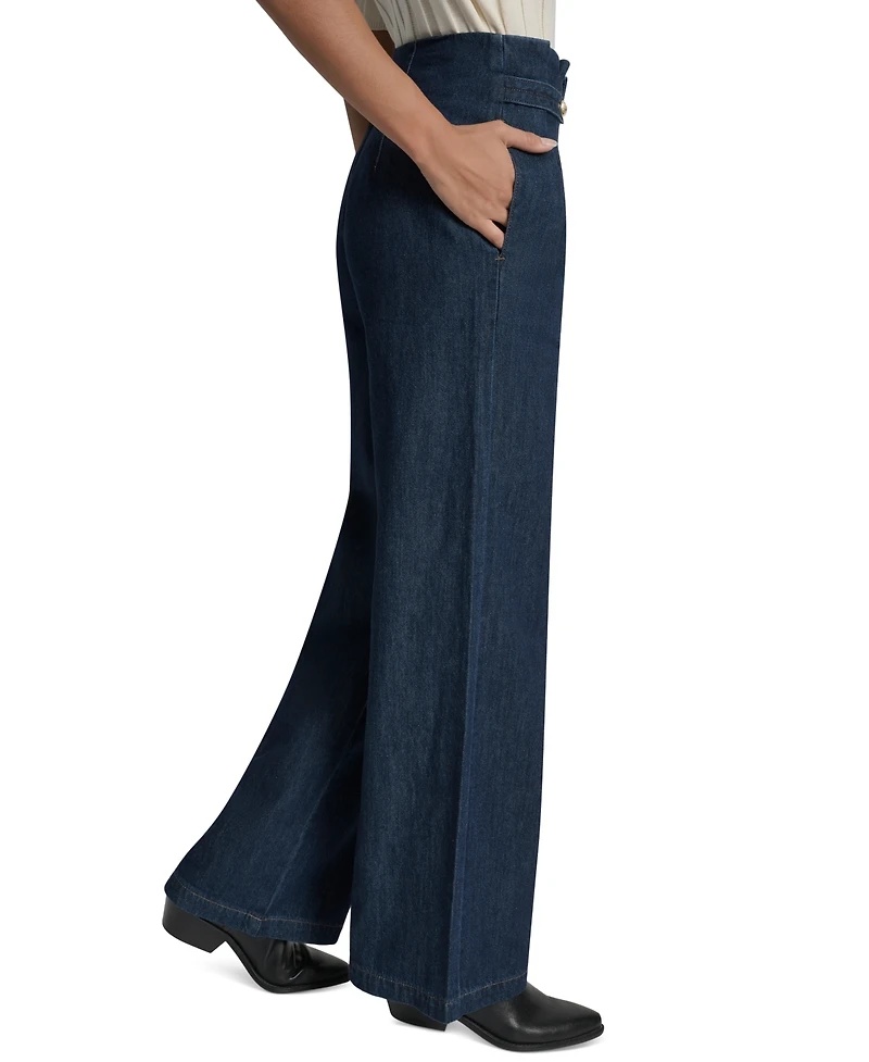 Dkny Jeans Women's Tab-Waist High Rise Wide Leg Cotton Denim Pants