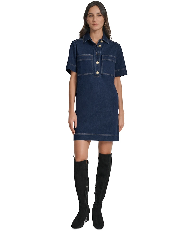 Dkny Jeans Women's Collared Short-Sleeve Denim Shift Dress