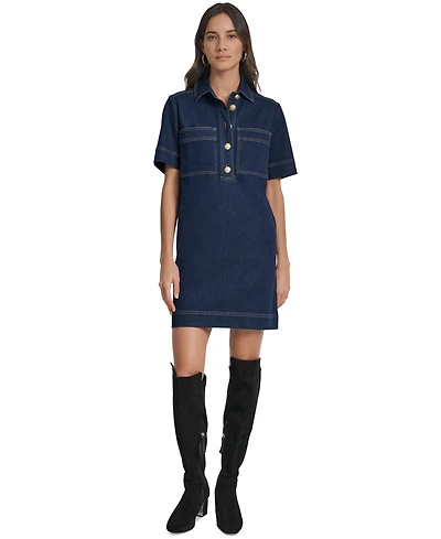Dkny Jeans Women's Collared Short-Sleeve Denim Shift Dress