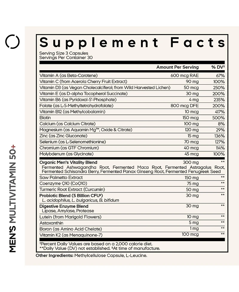 Codeage Men's Multivitamin 50+ Supplement Essential Vitamins for Men Over 50 Years Old, Minerals, CoQ10, Turmeric, Panax Ginseng, 90 Capsules