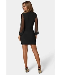 Bebe Women's Long Sleeve Faux Wrap Ruched Mini Dress