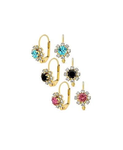 Bling Jewelry Set of 3 Multi Color Crystal Flower Gold Plated Drop Earrings Lever Back