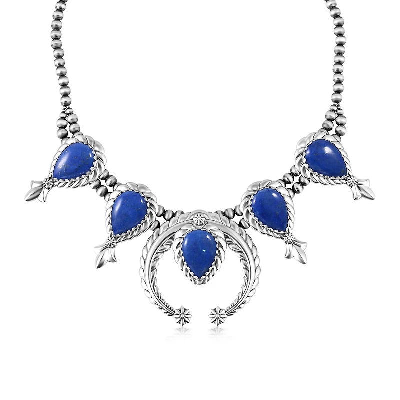 American West Jewelry Sterling Silver Denim Lapis Pear-Cut Squash Blossom Necklace, 17 to 20 Inches