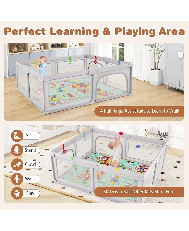 Gymax Toddler Large Playpen w/ Mat Play Yard w/ Pull Rings & Ocean Balls Play Area