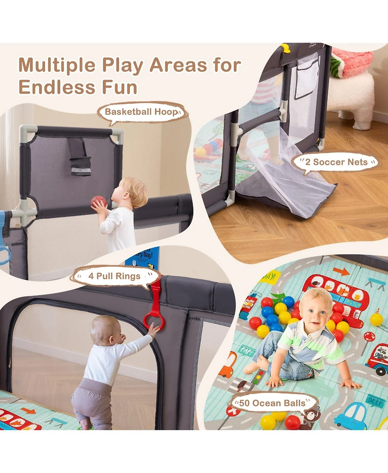 Gymax Toddler Large Playpen w/ Mat Play Yard w/ Basketball Hoop Soccer Nets