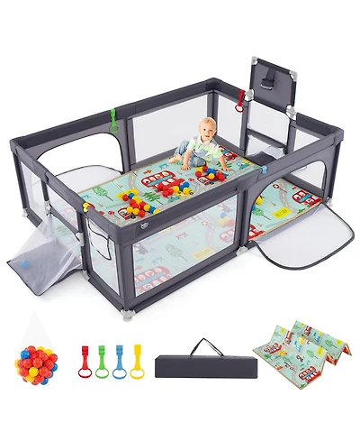 Gymax Toddler Large Playpen w/ Mat Play Yard w/ Basketball Hoop Soccer Nets