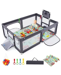 Gymax Toddler Large Playpen w/ Mat Play Yard w/ Basketball Hoop Soccer Nets