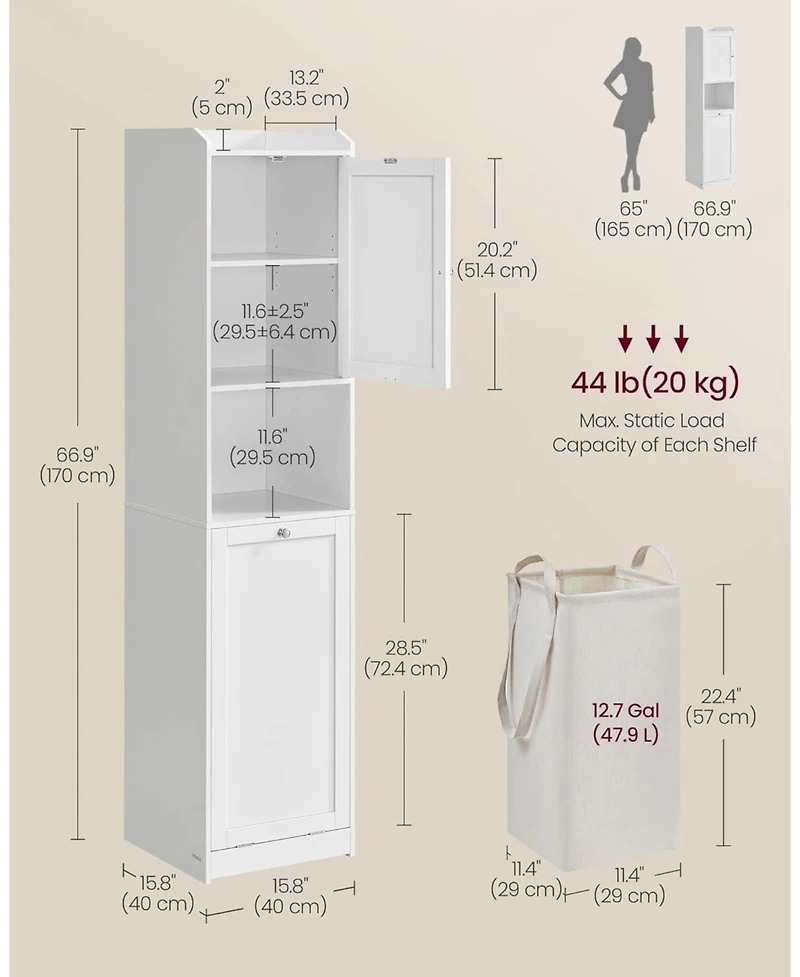 Songmics Home Tall Bathroom Cabinet (15.8" x 15.8" x 66.9") with removable laundry basket with handles, door compartment, Cloud White