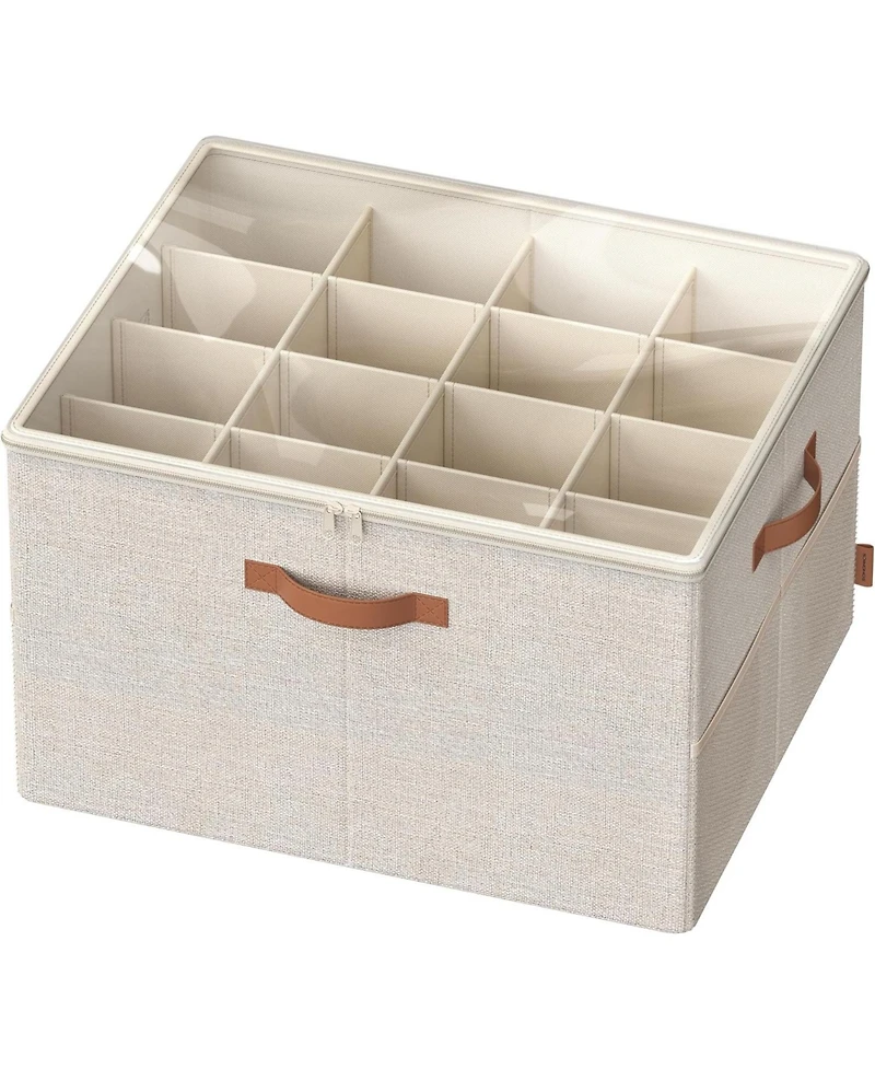Songmics Home Closet Shoe Organizer – Fabric Storage Bin with Handles & Clear Lid, Holds Up to 16 Pairs, Adjustable Dividers, Cappuccino Beige