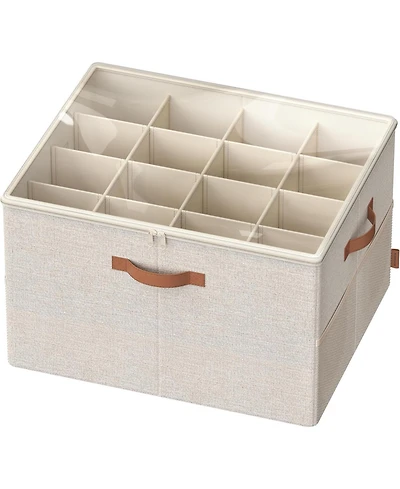 Songmics Home Closet Shoe Organizer – Fabric Storage Bin with Handles & Clear Lid, Holds Up to 16 Pairs, Adjustable Dividers, Cappuccino Beige
