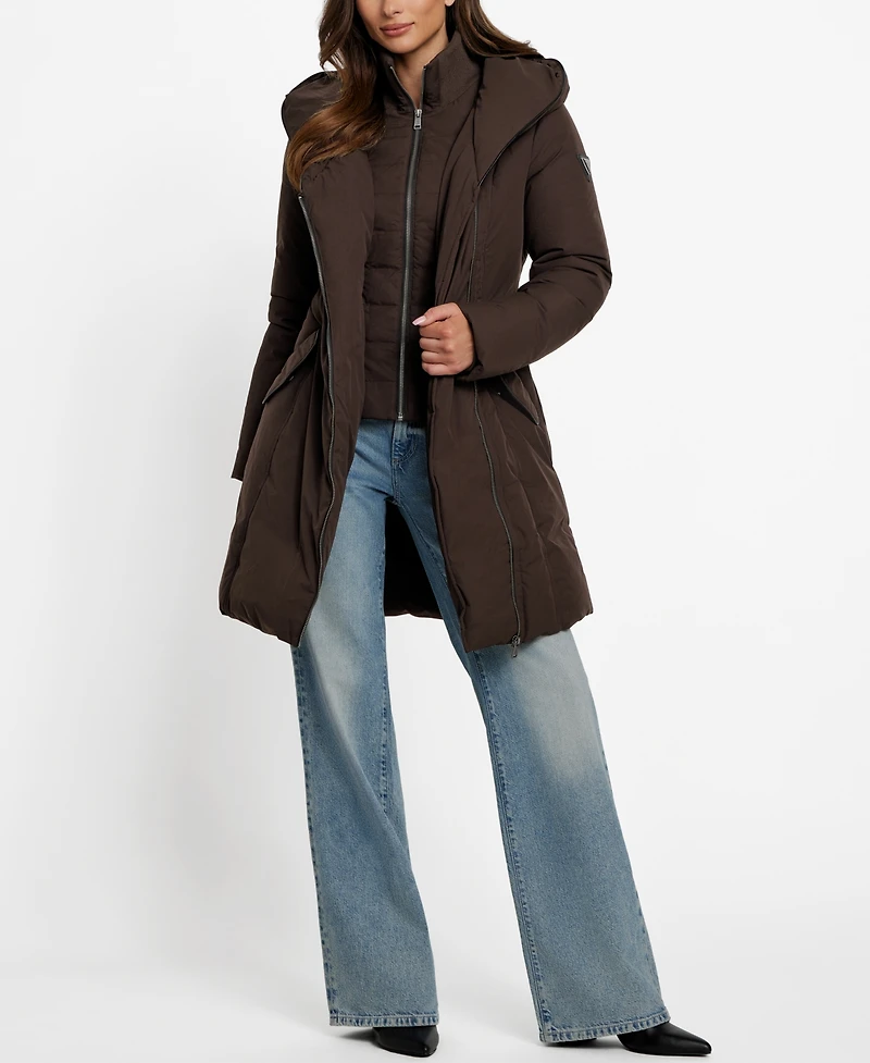 Guess Women's Asymmetric Zip-Front Hooded Puffer Coat