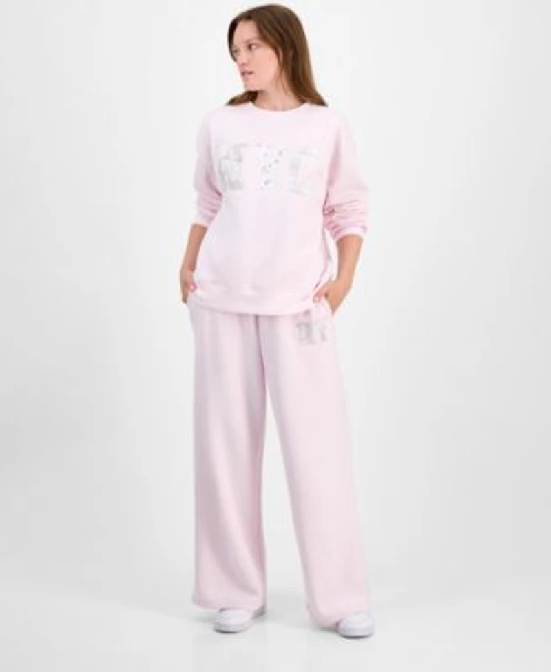 Madden Girl Juniors Fleece Patch Crewneck Sweatshirt Fleece Patch Wide Leg Sweatpants