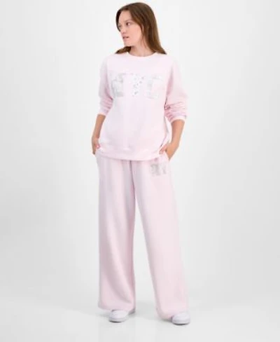 Madden Girl Juniors Fleece Patch Crewneck Sweatshirt Fleece Patch Wide Leg Sweatpants