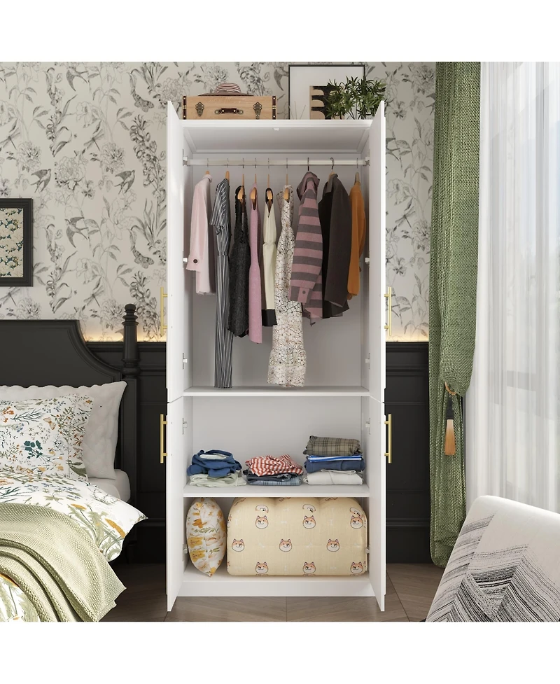 Modern white 4-door handle wardrobe, bedroom Armoire, Wooden Closet
