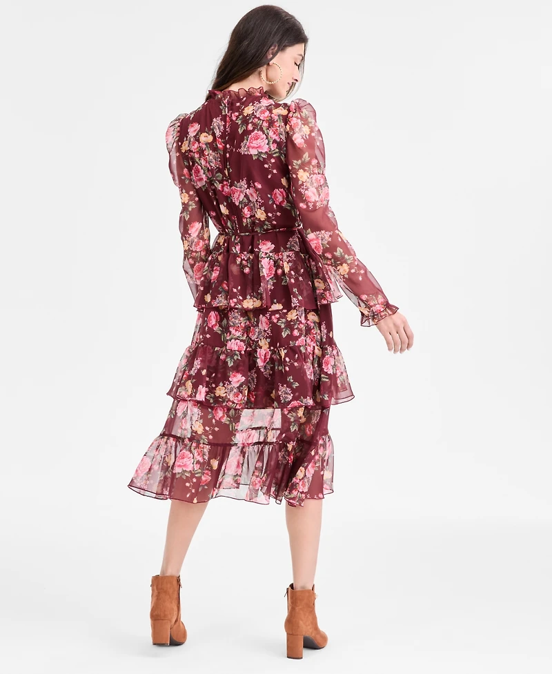 Seni & Cade Juniors' Floral Ruffle-Tiered Tie-Waist Midi Dress