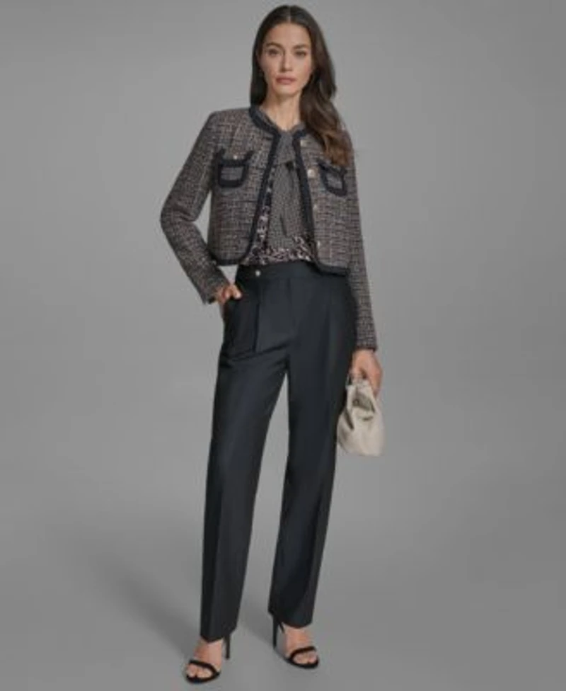 Bcbg Womens Braided Trim Tweed Collarless Jacket Printed Sleeveless Tie Neck Blouse Denim Straight Leg Pants