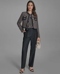 Bcbg Womens Braided Trim Tweed Collarless Jacket Printed Sleeveless Tie Neck Blouse Denim Straight Leg Pants