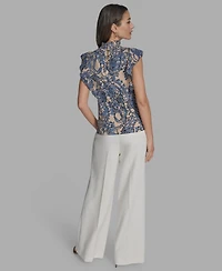 Bcbg Women's Printed Mock Neck Knit Flutter-Sleeve Top
