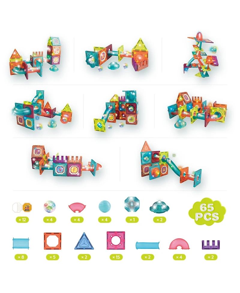 Contixo 65-Piece Glow-in-the-Dark Marble Run Magnetic Tile Set, Stem Building Toy