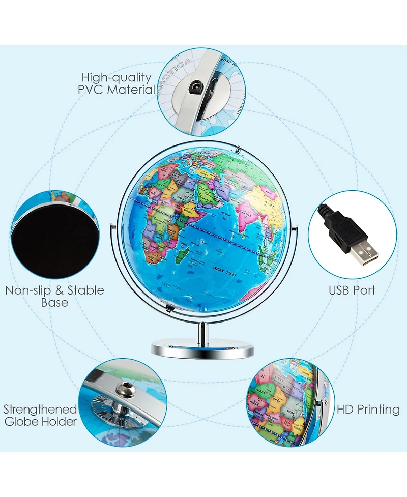 Akiudex 13 inch illuminated world globe 720° rotating map with led light