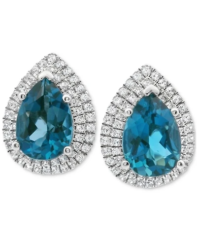 London Blue Topaz (4-1/2 ct. t.w.) & Lab Grown White Topaz (1/10 ct. t.w.) Pear Halo Stud Earrings in Sterling Silver