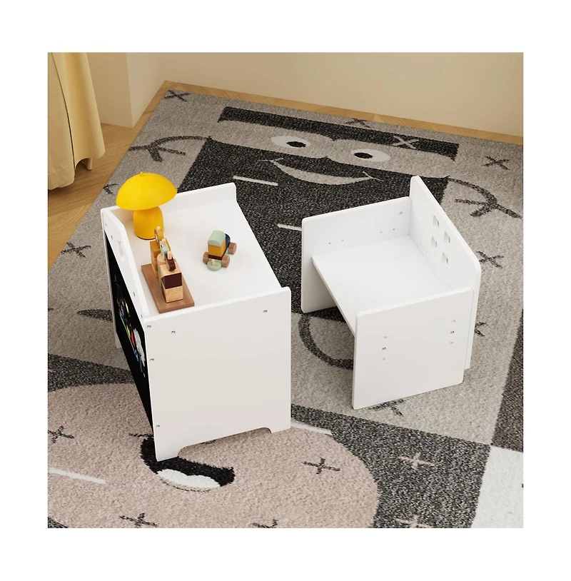 Cesicia Wooden Toddler Table and Chair Set Kids Activity Table Step Stools with Blackboard & 3 Heights Adjustable