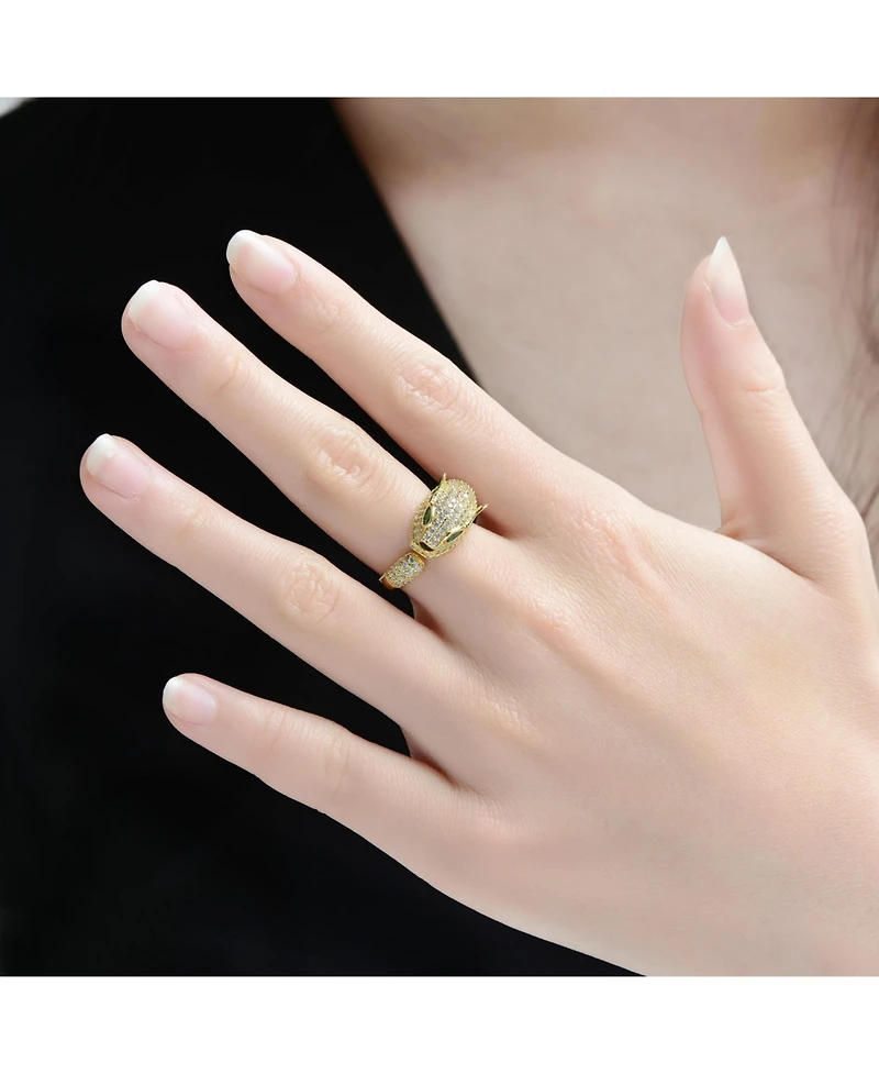 Rachel Glauber Panther Head with Green & Clear Cubic Zirconia Open Band Ring