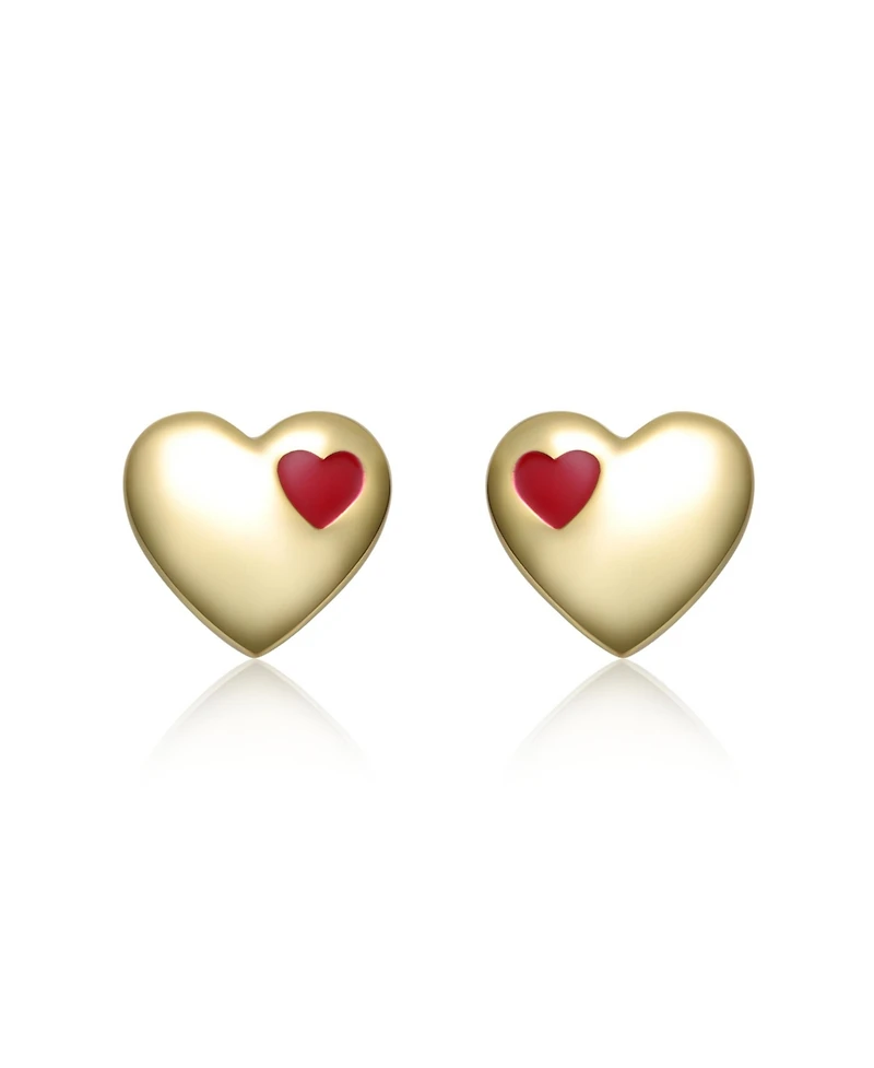 Rachel Glauber 14K Gold Plated with Red Enamel Heart Stud Earrings