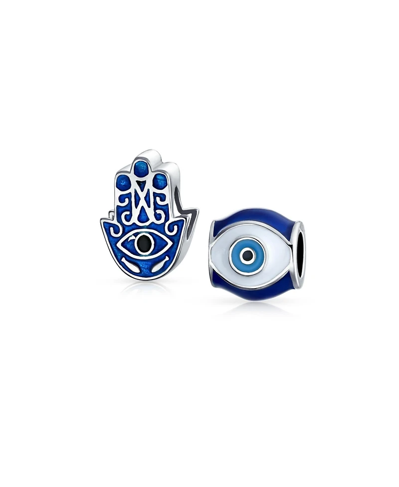 Bling Jewelry Set of 2 Blue Hamsa Hand Evil Eye Good Luck Charm Barrel Bead in Sterling Silver for Bracelets