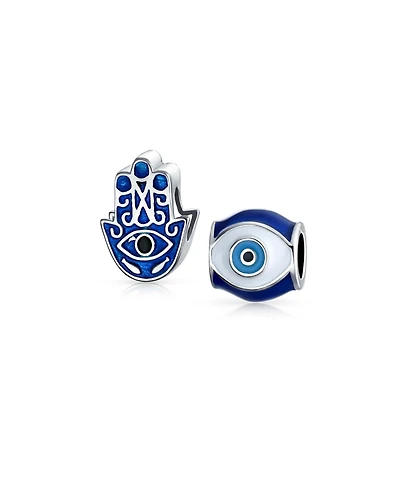 Bling Jewelry Set of 2 Blue Hamsa Hand Evil Eye Good Luck Charm Barrel Bead in Sterling Silver for Bracelets